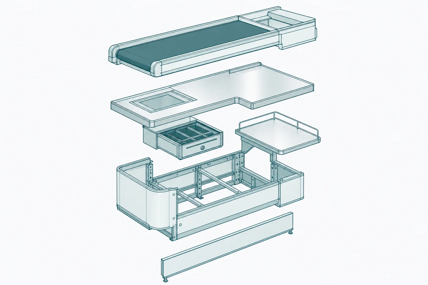 Exploded view drawing of a supermarket checkout counter with conveyor, worktop, drawer and frame modules