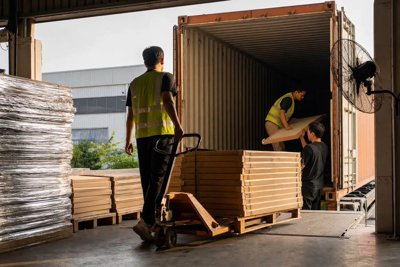 Workers loading flat packed store fixtures into a container