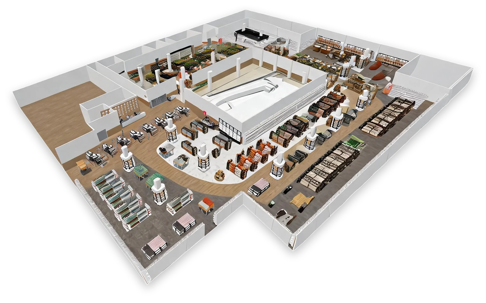 3D supermarket layout plan with shelving rows and checkout zone