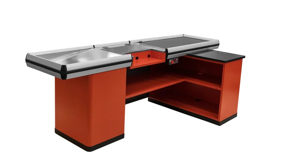Steel conveyor belt checkout counter with red body and stainless steel top