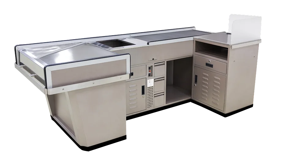 Steel conveyor belt cashier desk with lockable cabinets and bagging end