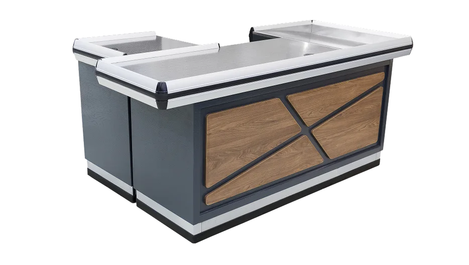 Commercial checkout counter with grey steel body and wood cross panel front