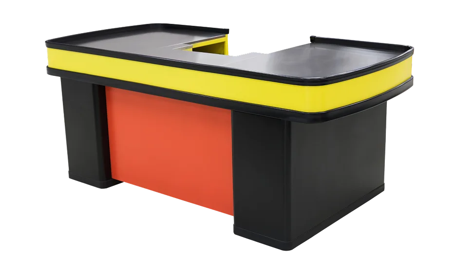 Convenience store cashier counter in yellow, red and black finish