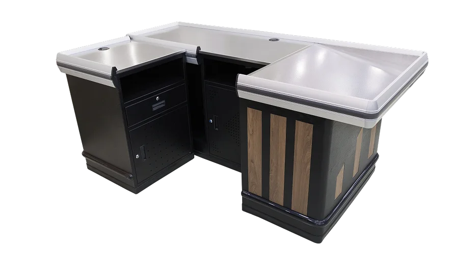 Metal supermarket cashier counter with dark body and wood trim panels