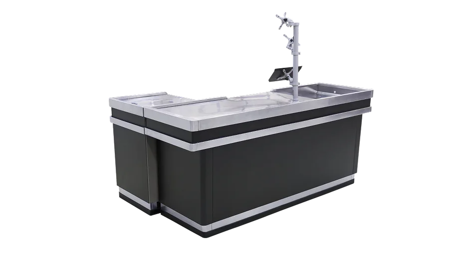 Stainless steel cashier counter with monitor mount and dark cabinet body
